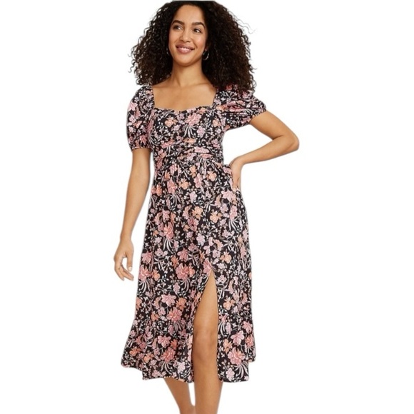 NEW Floral Sweetheart Neck Dark Cottagecore Puff Sleeve Front Slit Midi Dress XS - Picture 1 of 15